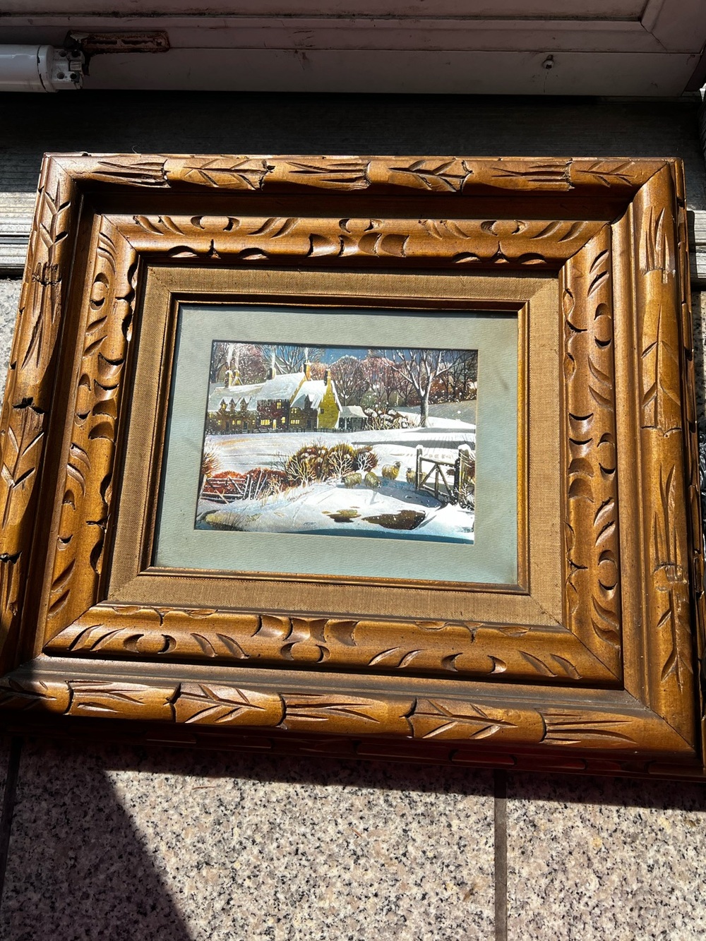 Foil Foiled Etched Winter Landscape Painting Carved Wood Wooden Frame 16x18 70's